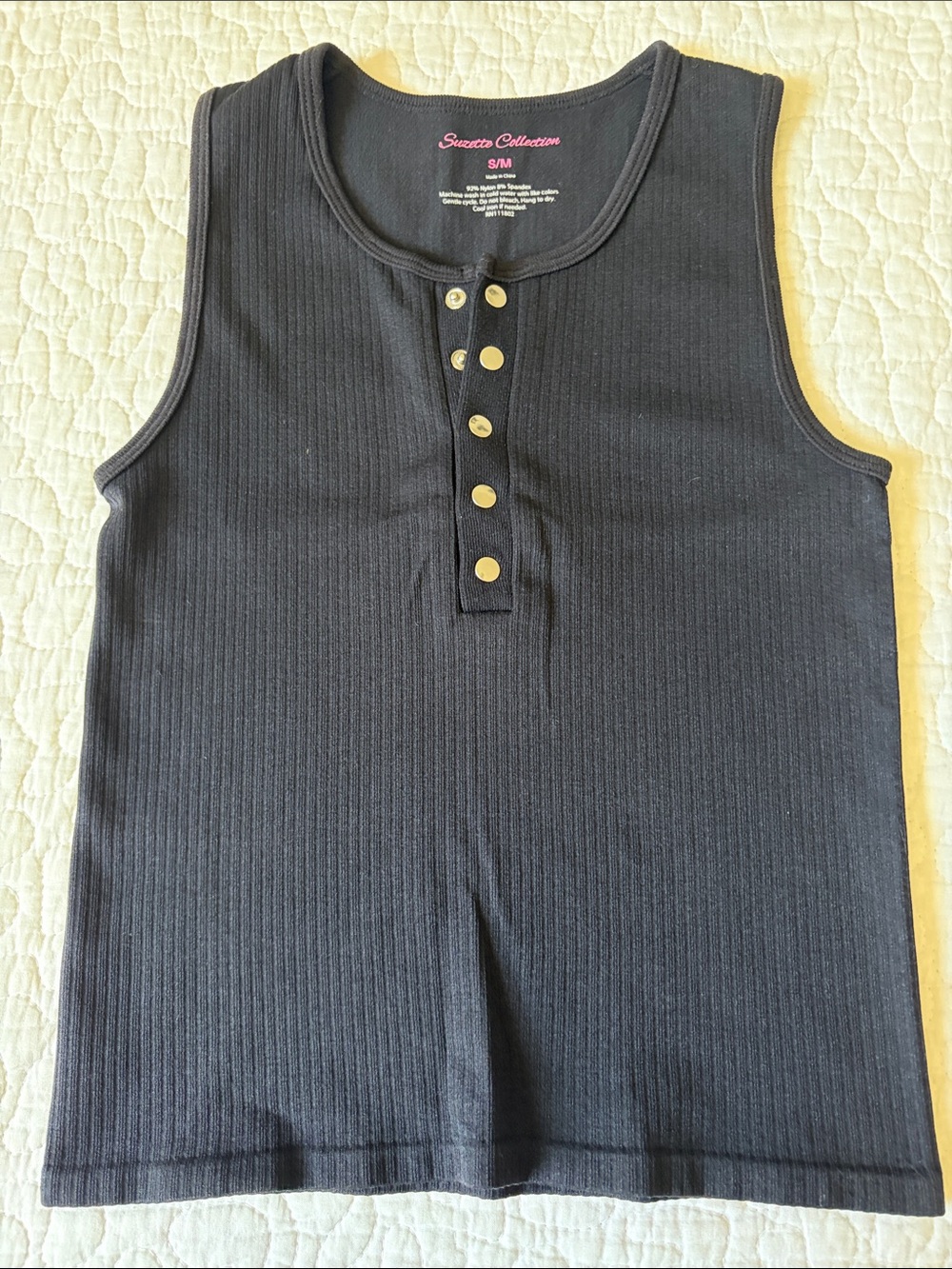 Suzette Collection Ribbed Henley Snap Tank in Black